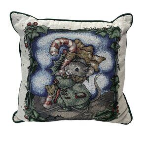 Mouse & Candy Cane Throw Pillow 16"x16" Needlepoint Holiday Christmas Accent